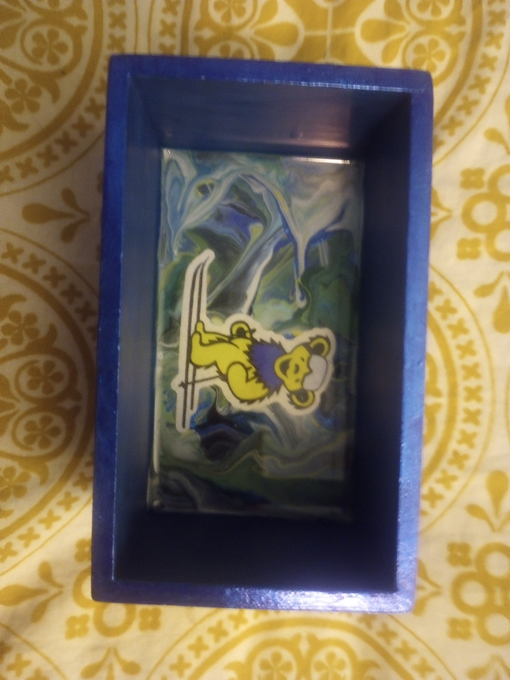 Blue Resin Trinket Box with Yellow Grateful Dead Bear Inlay - Home Art